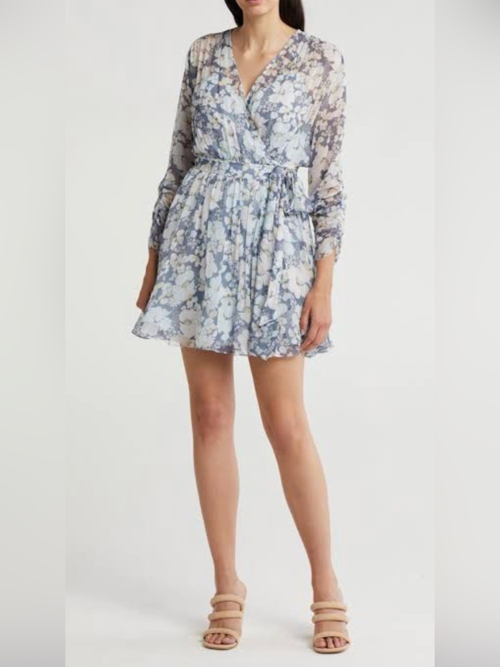 Joie Women’s Clara Floral Long Sleeve Silk Mini Wrap Dress, Night Shadow Blue,XS
